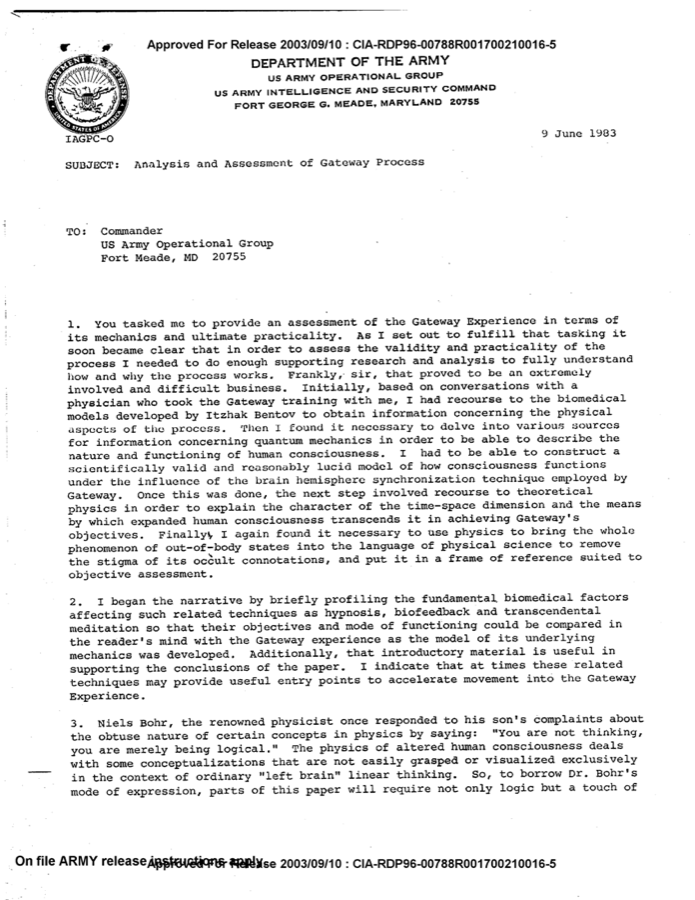 Erste Seite der freigegebenen CIA-Akte: Analysis and Assessment of Gateway Process, 1983